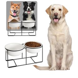 New Ceramic Elevated Dog Bowl Set - Raised Double Feeding Bowls with Metal Stand - Pet Dishes for Medium and Large Dogs - 3.5 Cups - 54 fl oz - Matte 
