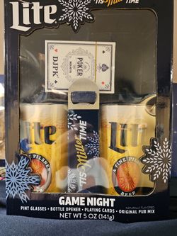 Miller Lite Set with Pint Glasses, Bottle Opener, and Playing Cards.