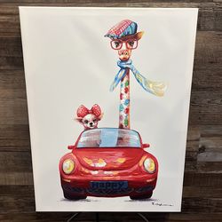 18” x 24” signed kids wall art Canvas Giraffe & Dog Car hand embellished