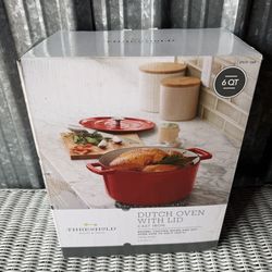 NEW Threshold 6QT Cast Iron Dutch Oven w/ Lid Red Enamel Pot