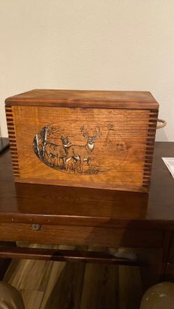 Vintage Wood Book Box Hinged Lid Dovetail Featuring Deer Giant Buck Artwork