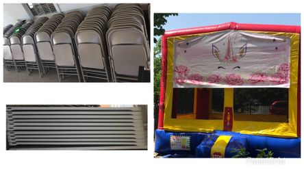 sillas , mesas , brincolin