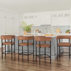 Barrel Bar Stools Set of 4, 26'' Modern Barstools with Arms & Metal Frame, PU Leather Counter Height Bar Stools, Upholstered Barstool with Curved 