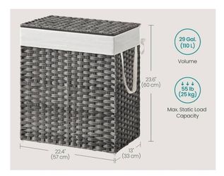 SONGMICS 110L Laundry Hamper Double Wicker Basket w/ Removeable Liners - Gray