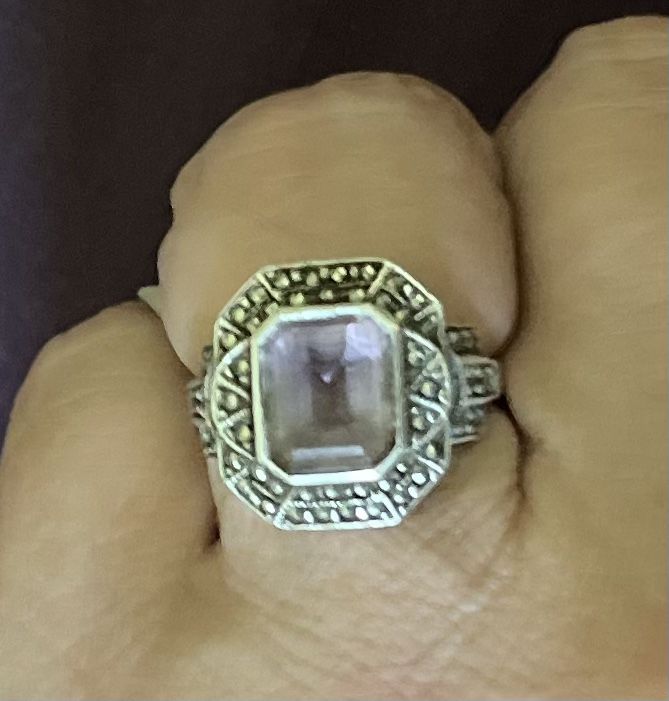 Vintage Sterling Silver Judith Jack Amethyst & Marcasite Cocktail Ring SZ 7.5