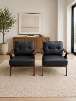 Set Of 2 Black Faux Leather Accent Chairs With Wooden Arms