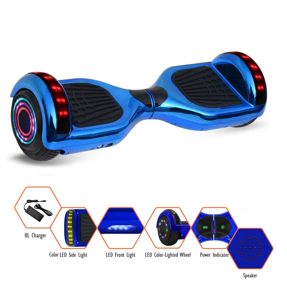 GlareWheel Chrome Blue Hoverboard With Built-In Bluetooth Speaker- UL2272 Certified