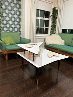 Vintage MCM Mid Century Atomic Eames Era Two-Tier White Coffee Side End Table Tapered Legs