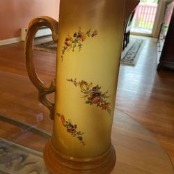 Porcelain Brown And Yellow Handled Tankard Pitcher 