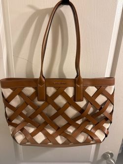 Michael Kors Lattice Weave Canvas Leather Tote Shoulder Bag Cream Brown