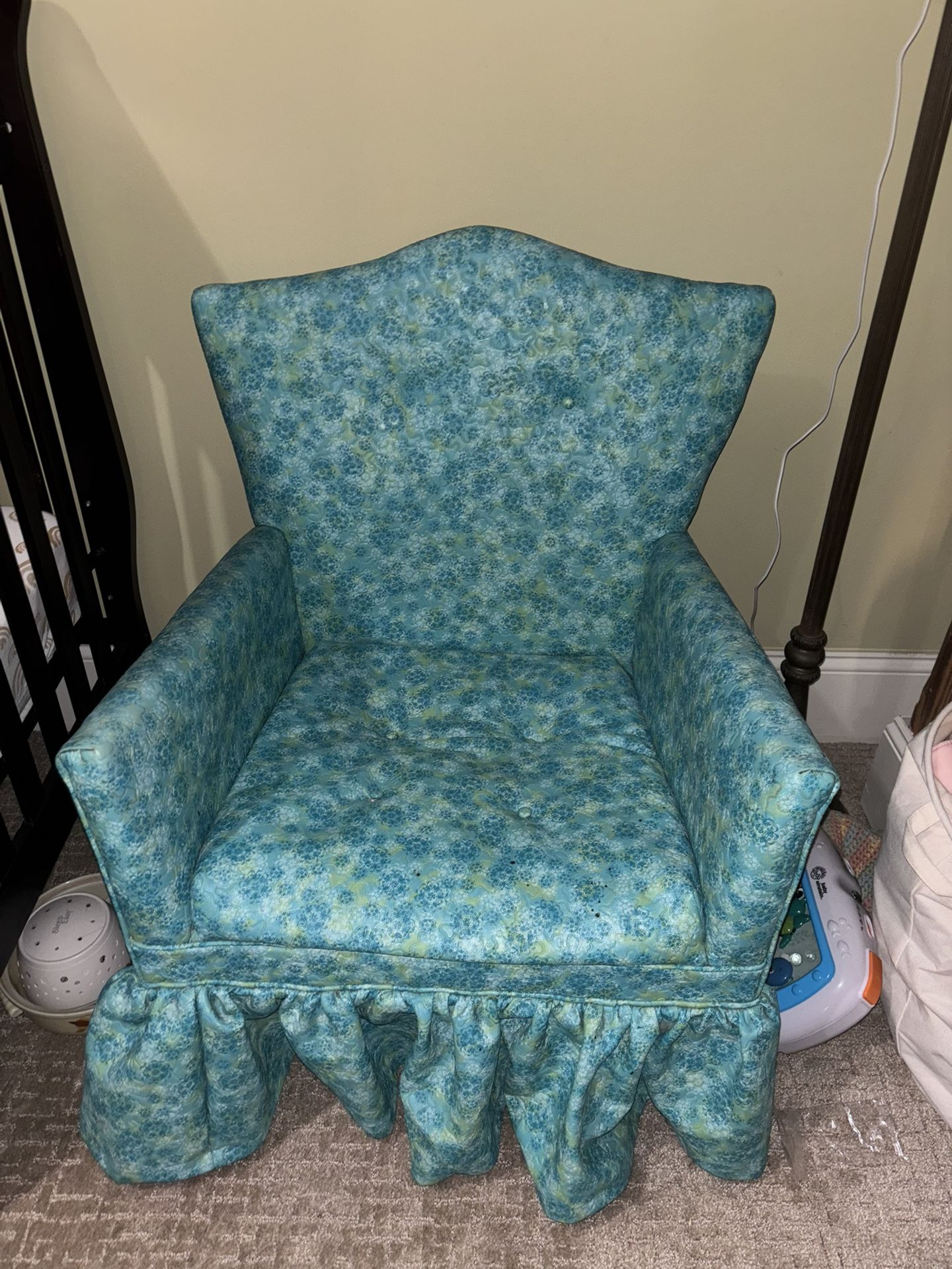 Vintage Vinyl Blue Floral Skirted Chair