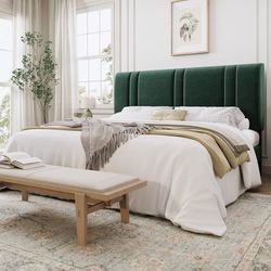 King Size Velvet Bed Frame with Adjustable Headboard, Green Vertical Channel Tufted Design, Upholstered Platform Bed, Wood Slats Support/No Box Spring