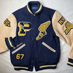 Polo Ralph Lauren Varsity Letterman Jacket 8 Patches 100% Wool Leather Size Med