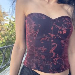 Romantic Gothic Red & Black Brocade Corset Top ❤️‍🔥 | Vintage-Inspired Bustier | Fairycore Coquette Vamp Aesthetic Small (No wires)