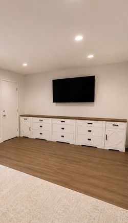 Large farmhouse entertainment center with drawers