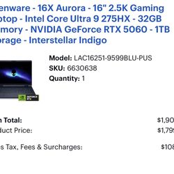 Alienware - 16X Aurora - 16" 2.5K Gaming Laptop - Intel Core Ultra 9 275HX - 32GB Memory - NVIDIA GeForce RTX 5060 - 1TB Storage - Interstellar Indigo