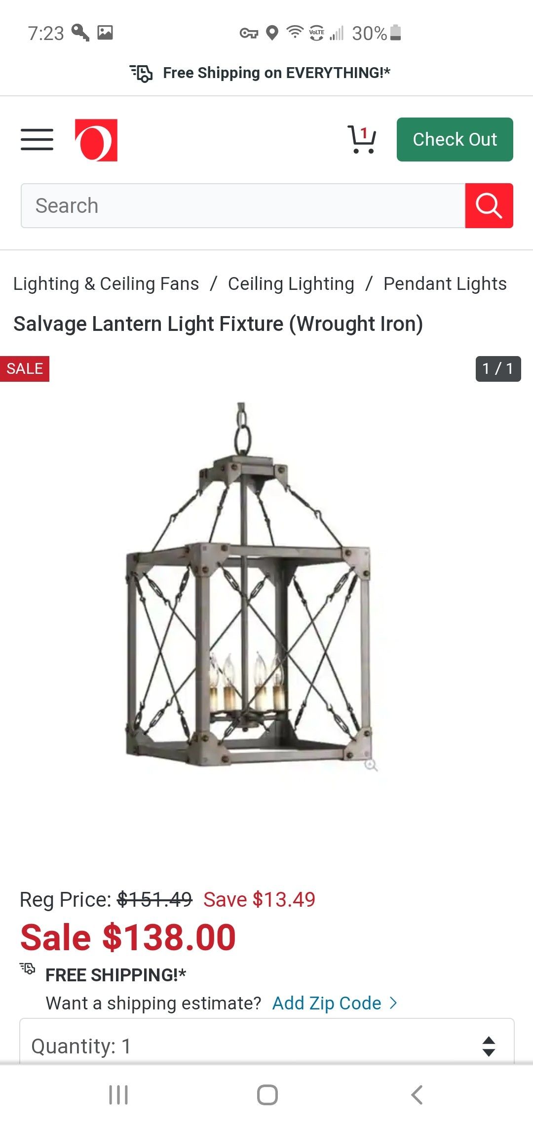 Salvage Lantern Light Fixture, Wrought Iron