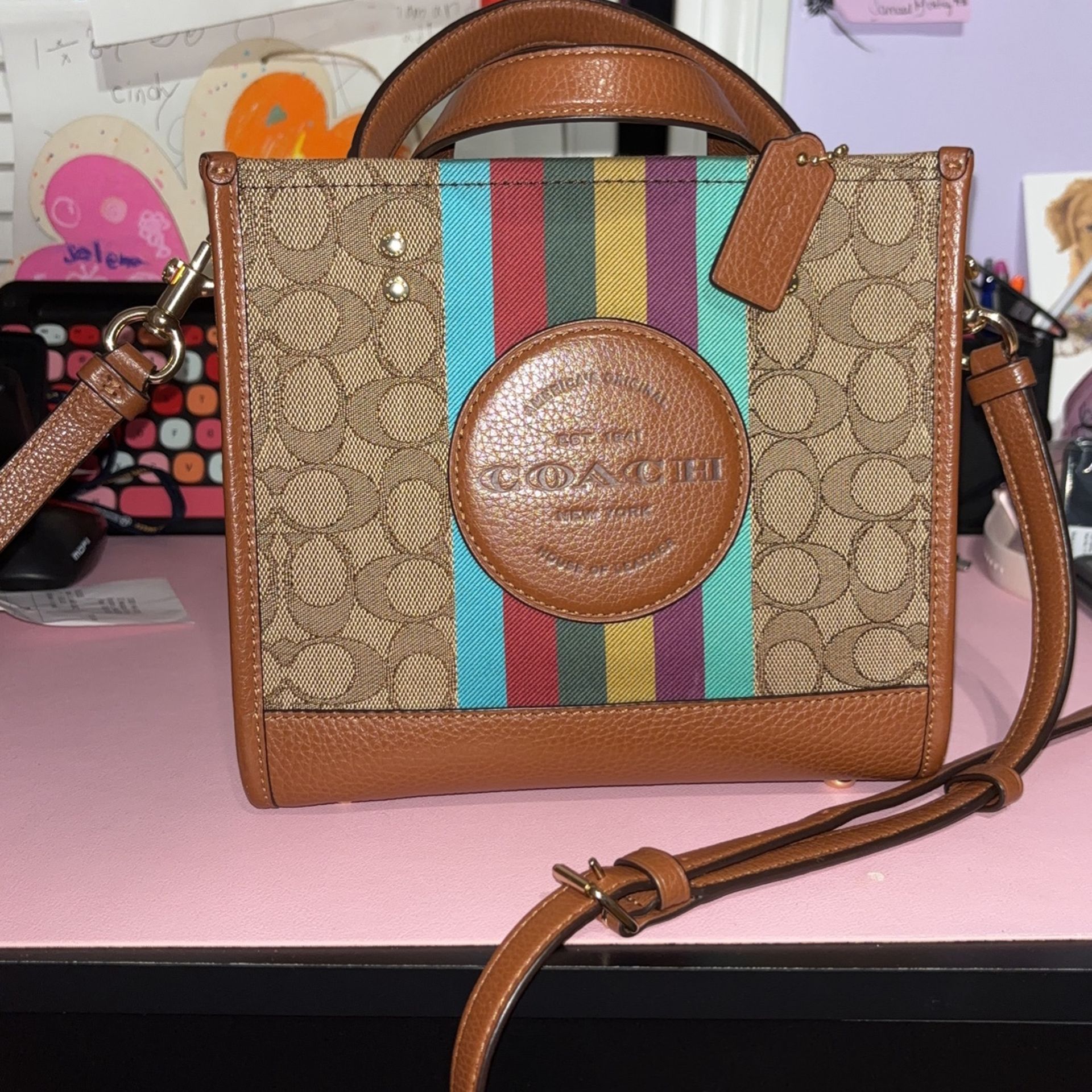 Coach Dempsey Small Tote in Signature Jacquard with Coach Patch | Color: Green/Tan