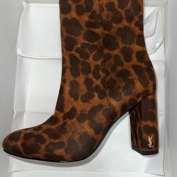 Saint Laurent Logo Animal Print Suede Inner Zipper Ankle Bootie Block Heel