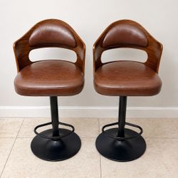 2 Adjustable Swivel Bar Stools - Brown Leather & Wood - Mid Century Modern 