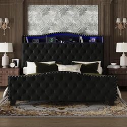 Tufted Velvet Platform Bed Curved Headboard Bed With Light