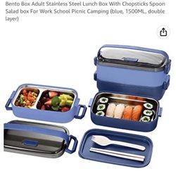 Bento Box Adult Stainless Steel Lunch Box With Chopsticks Spoon Salad box For Work School Picnic Camping (blue, 1500ML, double layer)