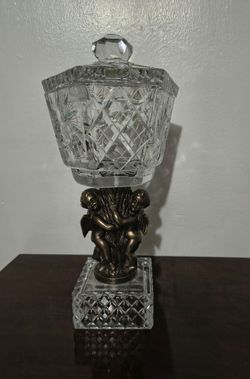 MID CENTURY - VINTAGE BRONZE/ CRYSTAL LIDDED COMPOTE  13"×6"
