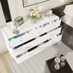 7 Drawer Dresser For Bedroom, 55-inch White and Gold Dresser Chest of Drawers Wood Bedroom Organizer(White-7 Drawers)