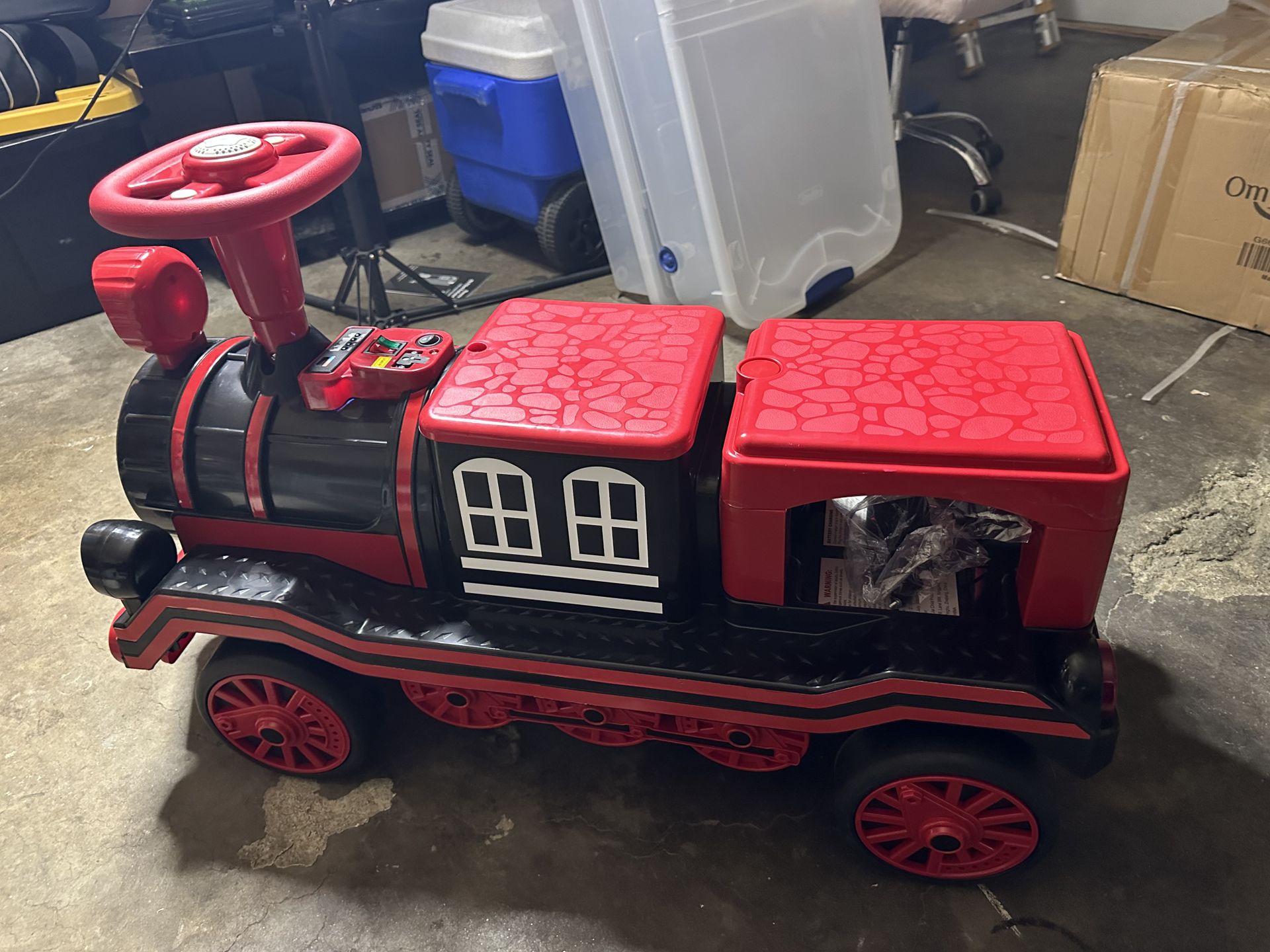 JOYLDIAS 12V 2 Seater Toy Ride on Train with Music, Train Honk, Lights, High/Low Speed and Storage, Red