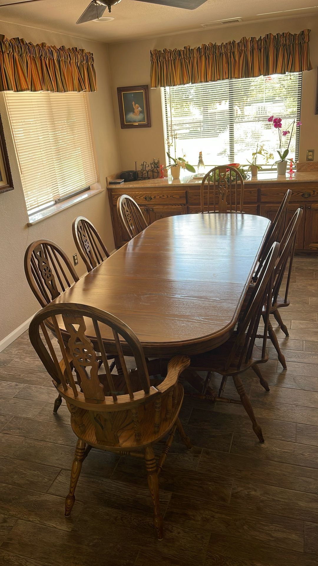 Vintage Solid Oak Dining Table With 8 Chairs