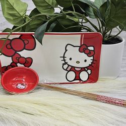 Hello Kitty red and white Ceramic Sushi Plate Set nib. approximately sushi dish 8.7" x 4.8 in, sauce dish round 2.95" safe for microwave and dishwashe