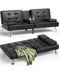 Faux Leather Futon Sofa Bed with Removable Armrests