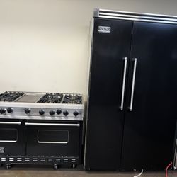 Viking 48”Wide Gloss Black Built In Side By Side Refrigerator And Viking 48” Gas Range Stove 