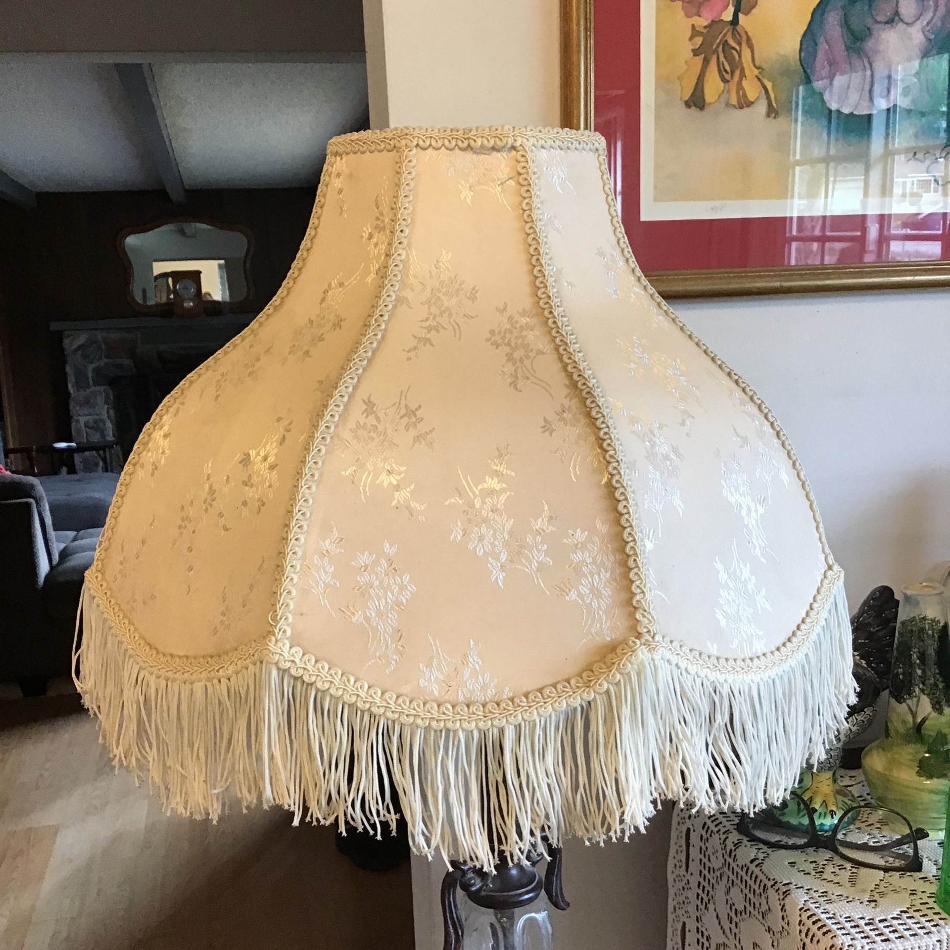 Victorian Style Large Lamp Shade. 14” Tall, Top Measures 21” Diameter, Bottom Measures Approx. 50”, With 2-2.5” Fringe.