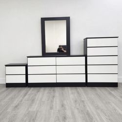 Dresser Whit Mirror, Chest And 1 Nightstand - Cómoda Con Espejo , Gavetero Y 1 Mesita De Noche 