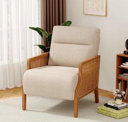 Modern Accent Chair, Armchair with Natural Rattan Armrest, Upholstered Living Room Chair Comfy Single Sofa Chair for Hosting Room/Bedroom,White
