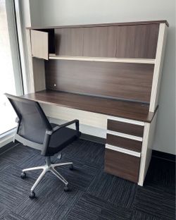 Bestar Prestige Plus L-Shaped Desk with Overhead Hutch - White Chocolate & Antigua Finish