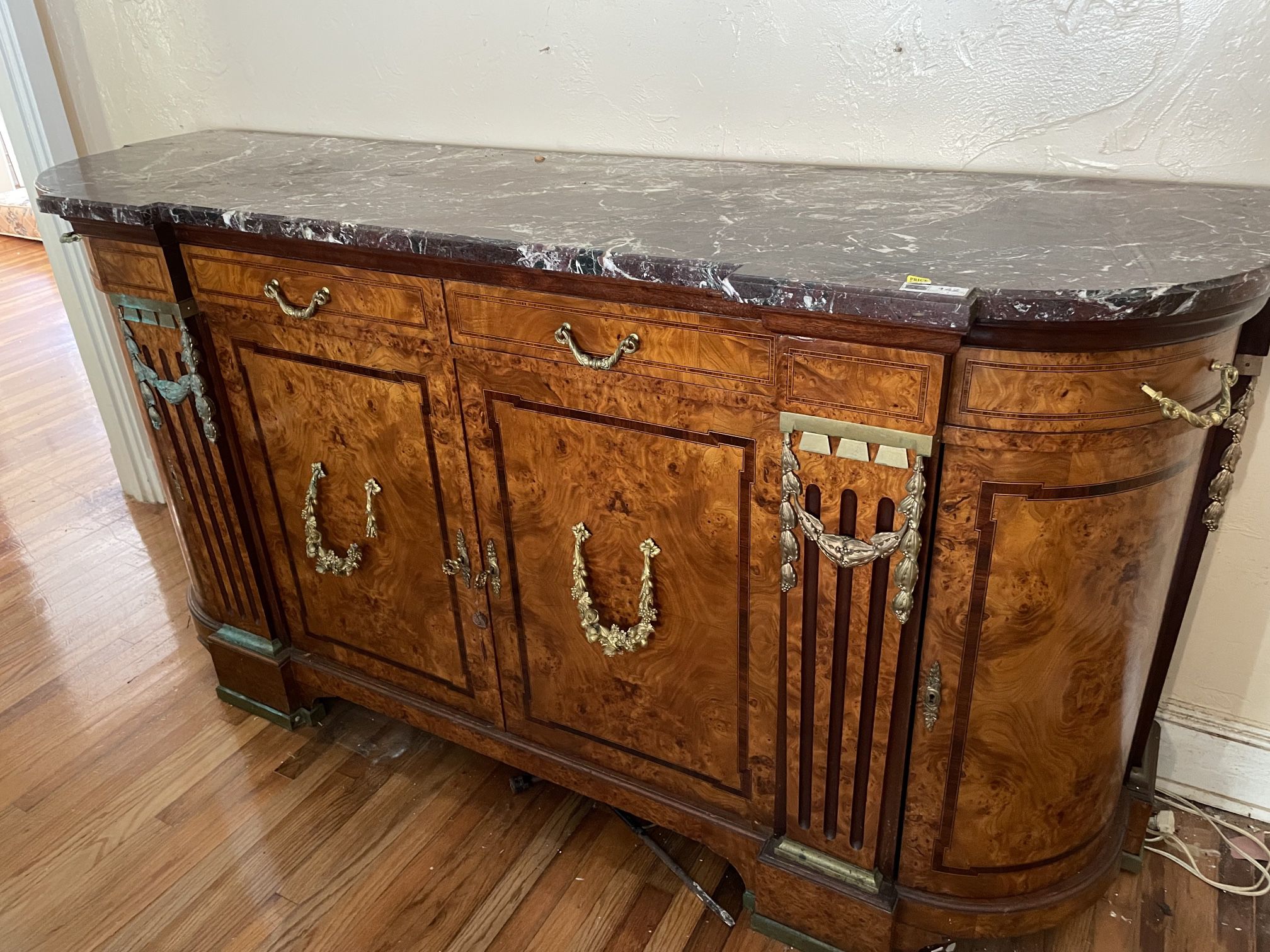 Antique Marble credenza buffet with bronze handles 