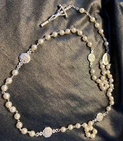 Made In Italy Faux Pearl Rosary Silver Tone Crucifix Catholic Prayer Beads