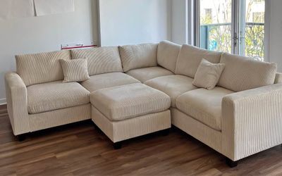 New Corduroy Sectional. Beige, Green, Grey. 99” X 99”. Free Delivery!