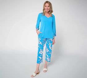 Susan Graver Solid Liquid Knit Top & Printed Crop Pants Set Aqua Floral, Size 1X