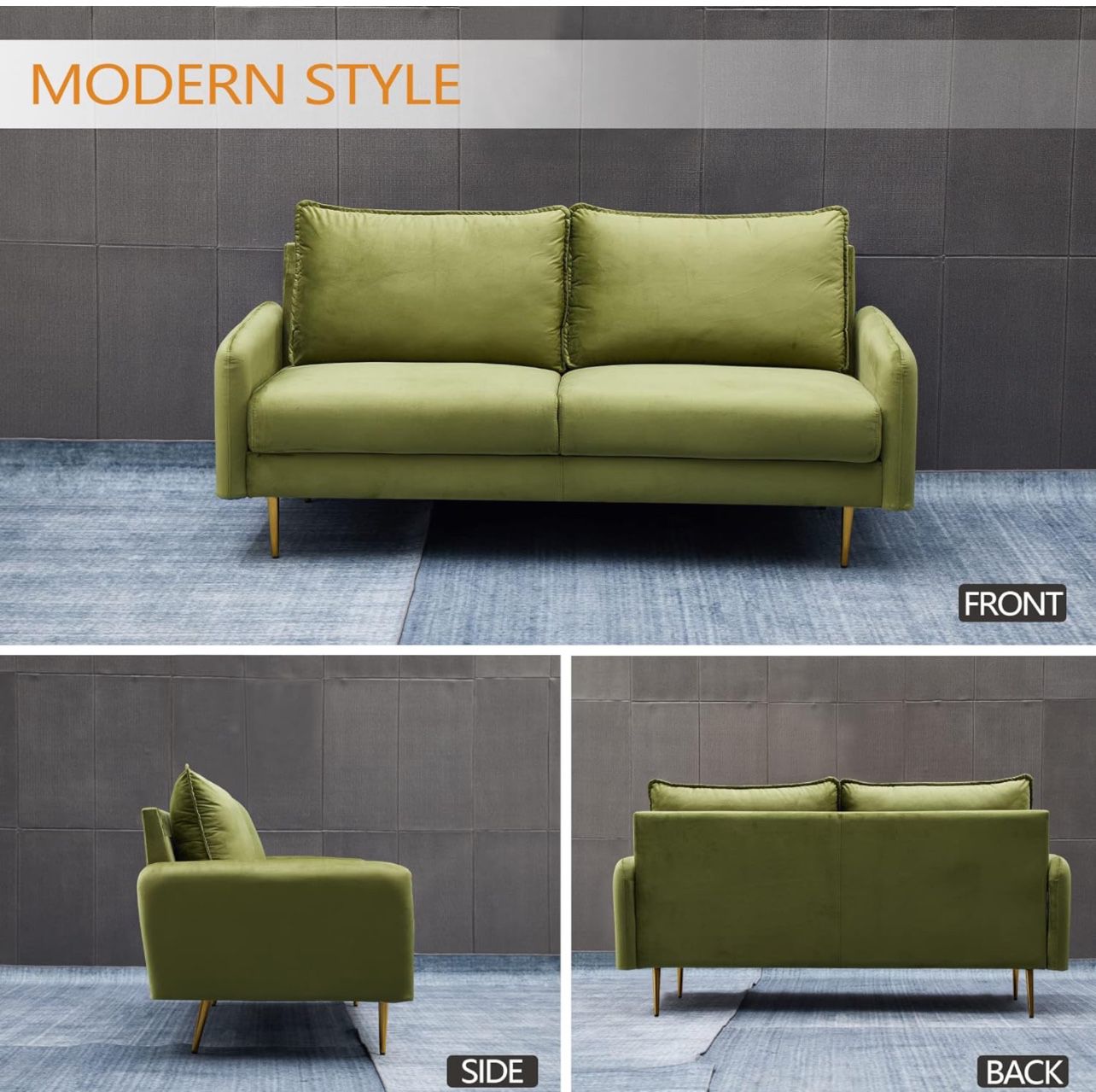 Velvet Sofa Set Modern Sofa & Loveseat Set 2 Piece Tufted Couch Set with Metal Legs for Living Room, Office, Bedroom - Army Green