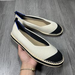 Rothys Espadrille in Boardwalk Shoe Flats Womens size 11 Tan Black Blue Accent