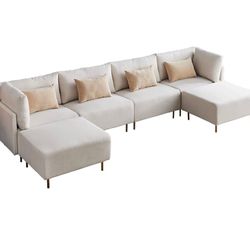 U-Shaped Modular Sofa, Sectional Convertible Double Chaise, 4 Pillows 2 Ottomans. Comfy, Customizable, Linen Luxury