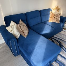 Blue Velvet Fabric Reversible Sleeper Sectional Sofa Chaise