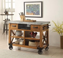 Antique Oak Finish Kitchen Serving Cart w/ 2 Drawers Metal Basket Storage / Cocina Carro