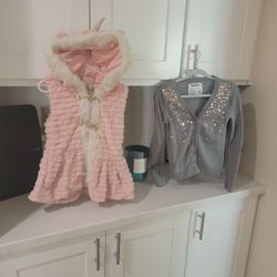Girls Pink Furry Vest/Gray Cardigan