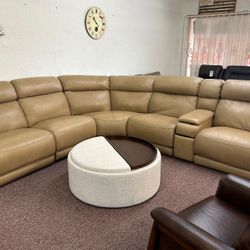 Furniture- 6 Pc 100% Real Leather Sectional With 3 Power Recliners- Daventry 