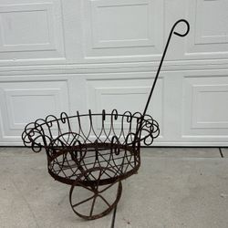 Antique scroll Wagon Garden Plant Stand Holder Display Weathered Rustic Centerpiece Wrought Iron Rare Estate Find