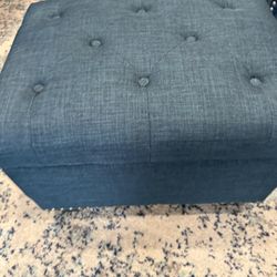 Adeco Rectangular Storage Ottoman Foot Rest Stool, Fabric Button Tufted Storage Ottoman with Hinged Lid (Cyan)